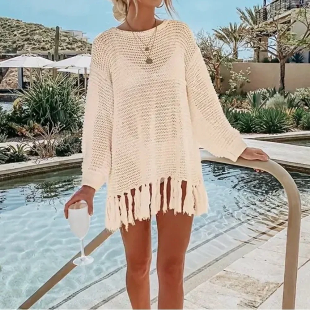 Cream Boho Knit Swim Coverup with Fringe